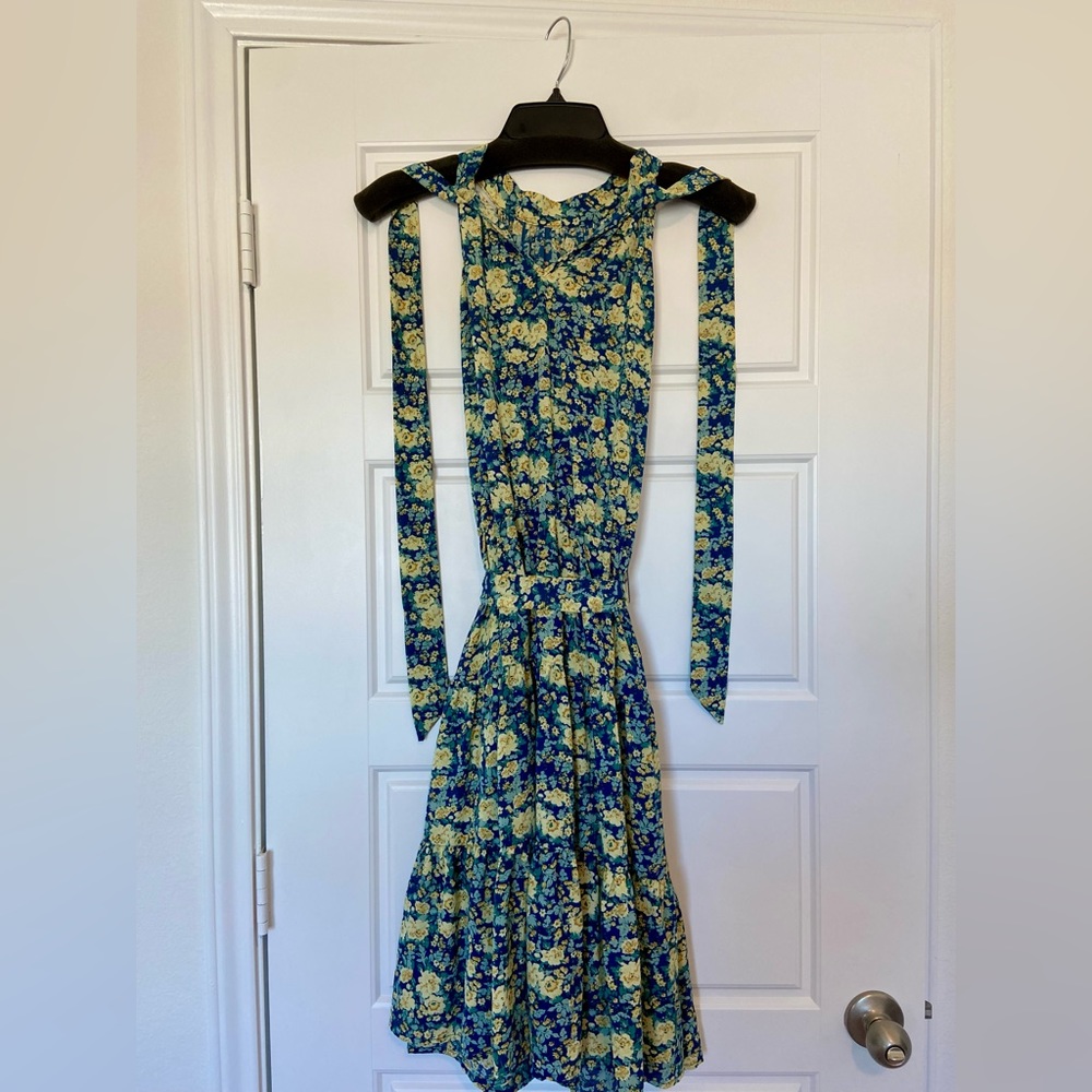 Blue and yellow floral halter tie dress, Size XL 12